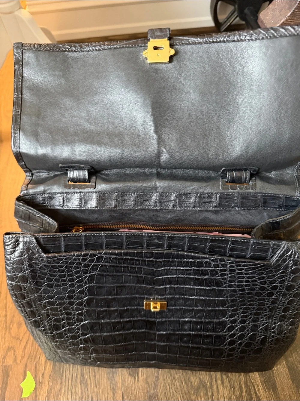 Nancy Gonzalez Black Croc-Embossed Satchel with Multicolor Mink Pom Pom Charms